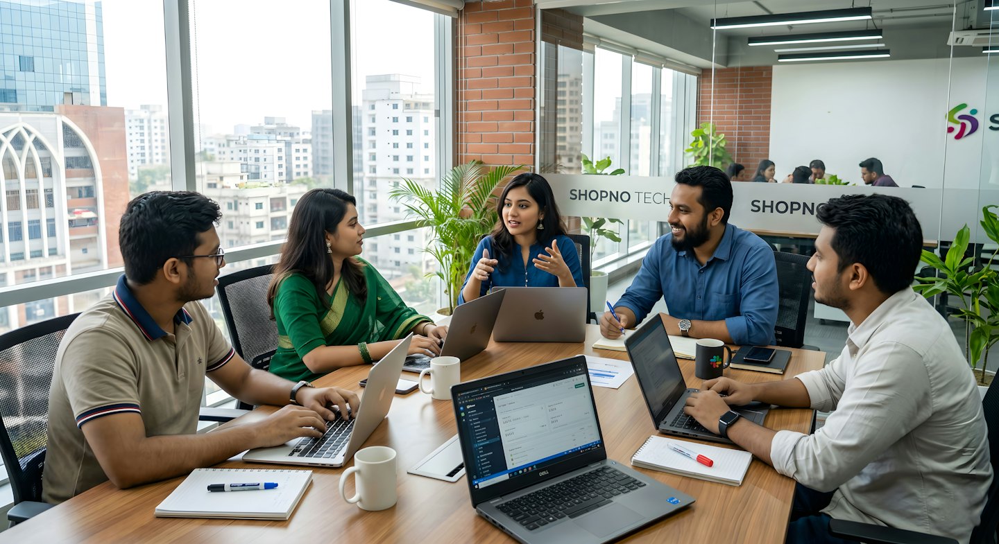 Profesionales discutiendo ideas alrededor de una mesa en una oficina moderna.